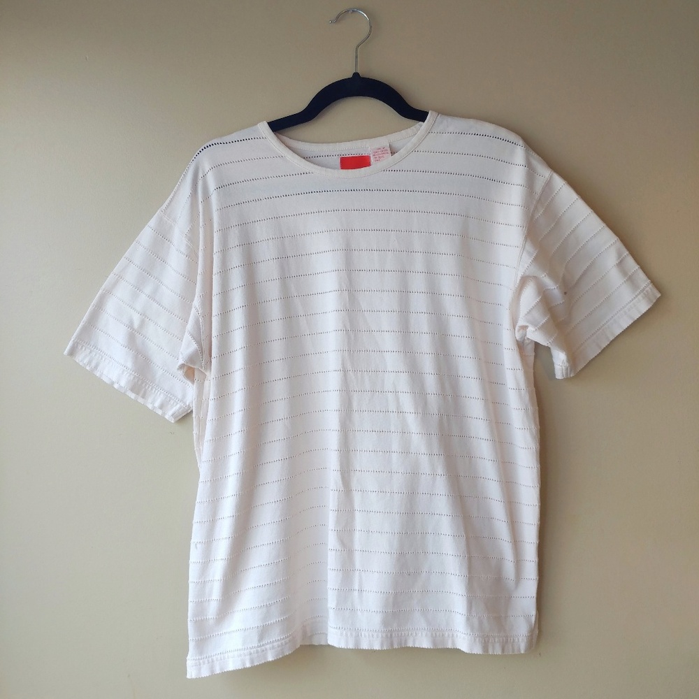 LIZ & CO Cream Cotton Eyelet Top - 90s Vintage Mom Boxy Tshirt Tee Liz Claiborne